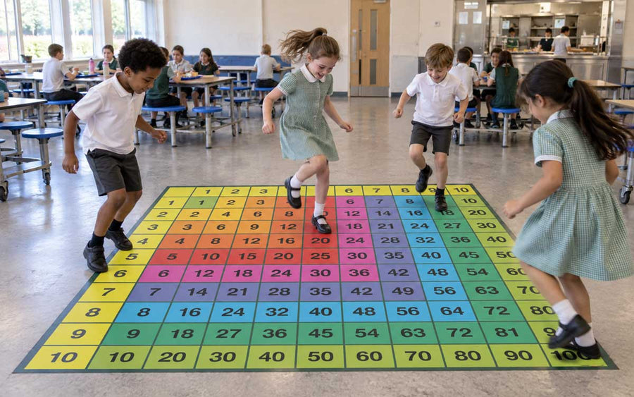 Fargerik gangetabell på skolegulvet