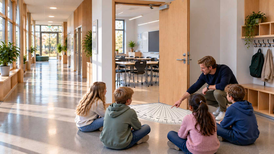 Gradskive i gulvfolie fra Skoledekor – elevene måler og erfarer vinkler med kroppen i matematikk på 1.–2. trinn