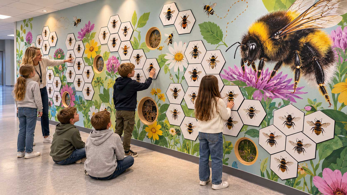 Humlevegg fra Skoledekor – veggdekor med humler og blomster som faglig referanse i naturfag, med tydelig motiv og plass til visuell arbeidsro