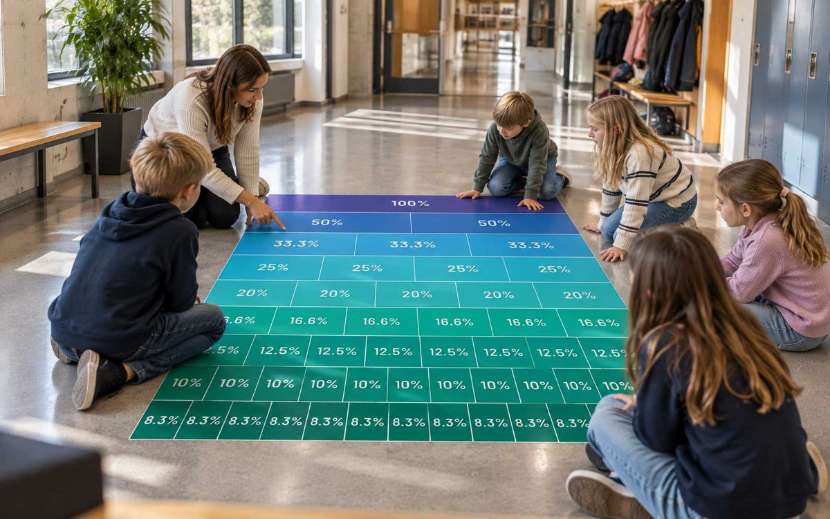 Prosentfelt i gulvfolie fra Skoledekor – et felt elevene kan stå og bevege seg på mens de arbeider med prosent og deler av en hel