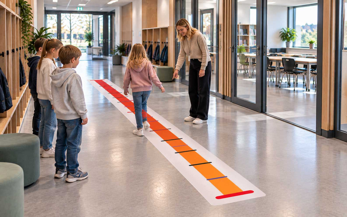 Elever bruker tallinje på skolegulvet