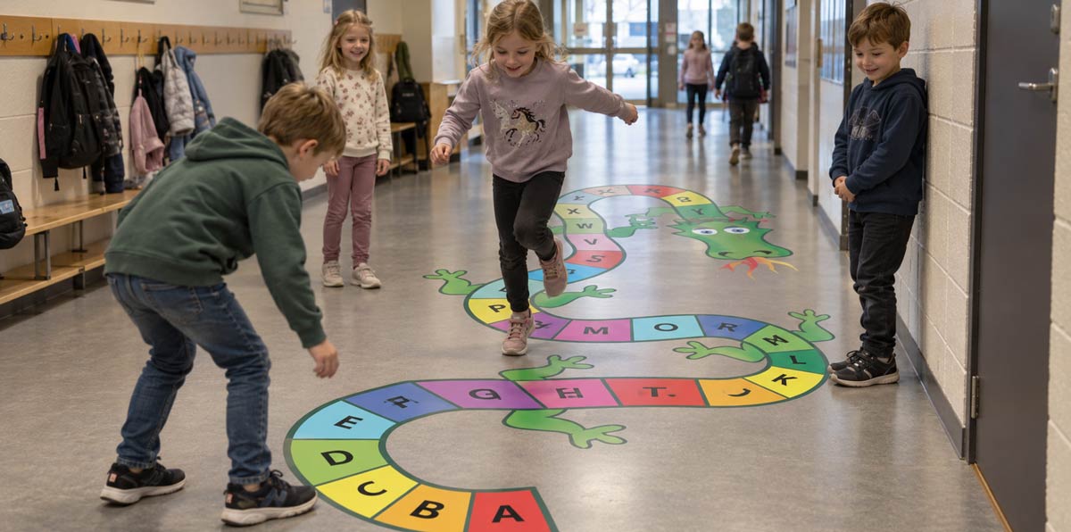 Drageparadis med alfabet i skolekorridoren