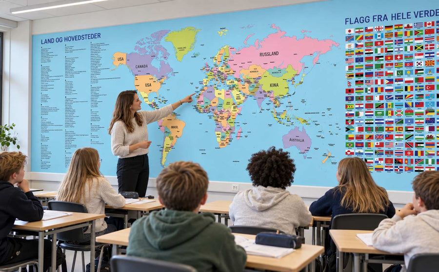 Geografivegg fra Skoledekor – kart som veggdekor og permanent referanseflate for samtaler om land, steder og orientering i geografi
