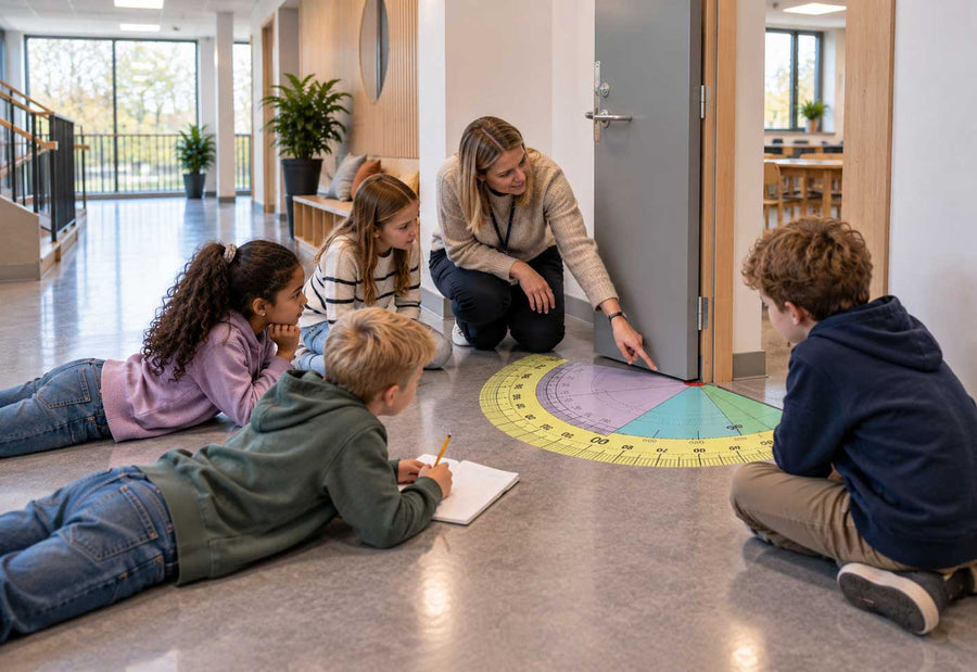 Gradskive i gulvfolie fra Skoledekor – en stor gradskive elevene kan gå rundt og bruke til å forstå vinkler og grader i matematikk