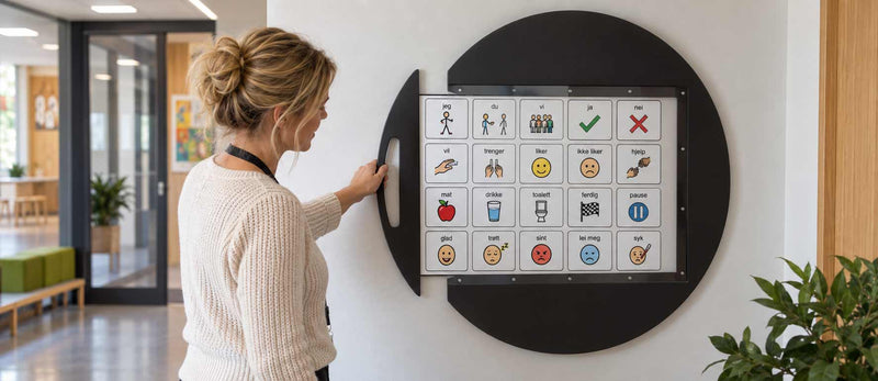 ASK-tavle fra Skoledekor – magnetisk kommunikasjonstavle med symbolbrikker for barnehage og skole