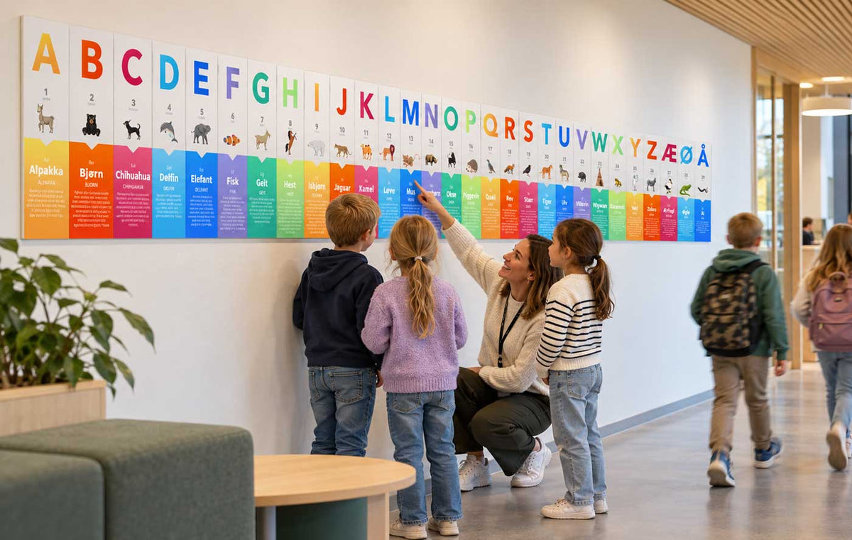 Alfabetvegg – det norske alfabetet i stort format på vegg