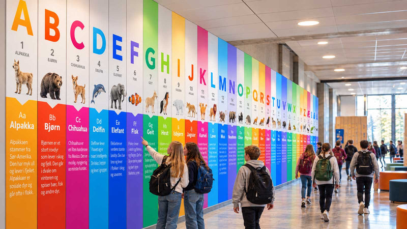 Alfabetvegg – det norske alfabetet i stort format på veggen som støtte i lese- og skriveopplæringen