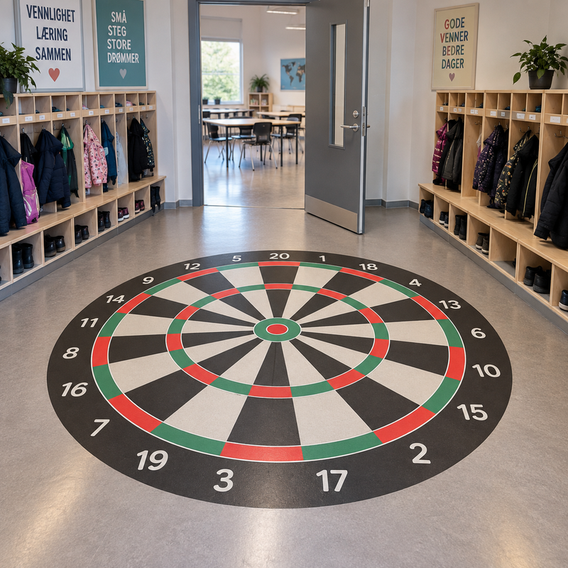 Matte dart – stor dartskive som gulvfolie der elevene kaster og regner ut poeng i matematikk