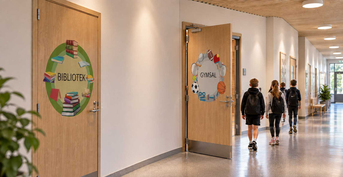 Dørdekor i skolekorridor – folierte dører med farger og motiver