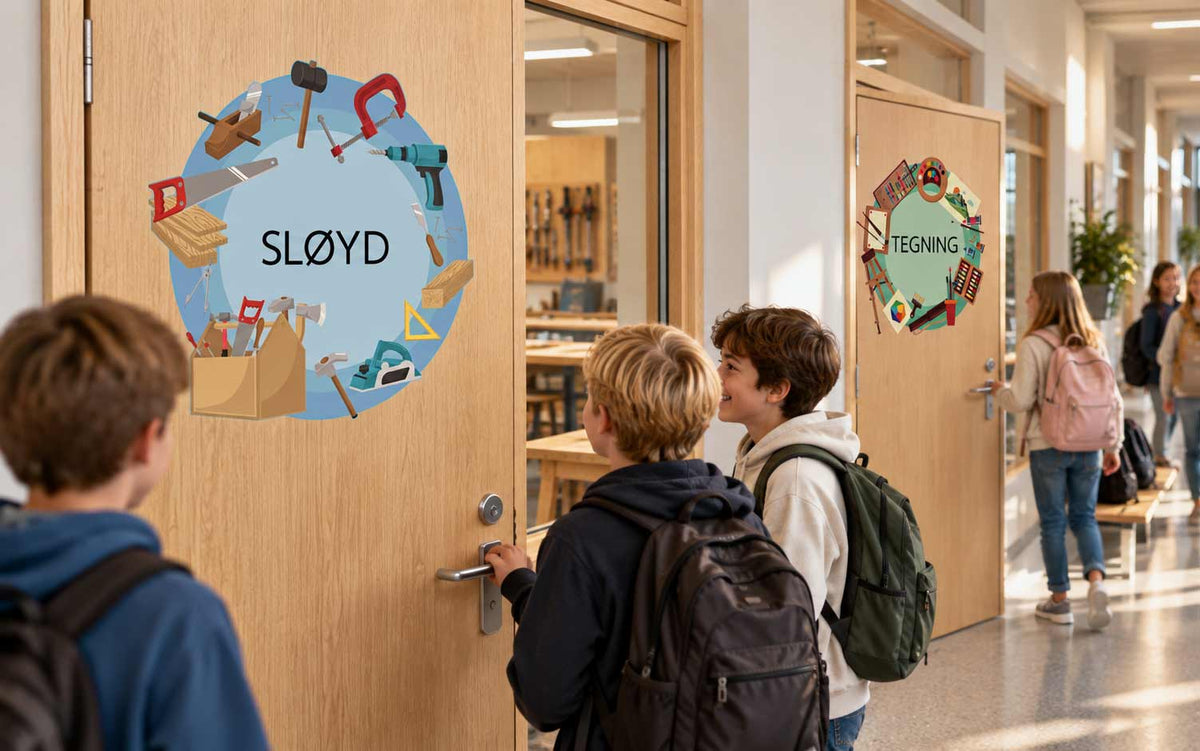 Dørdekor – foliert skoledør med motiv og tydelig merking
