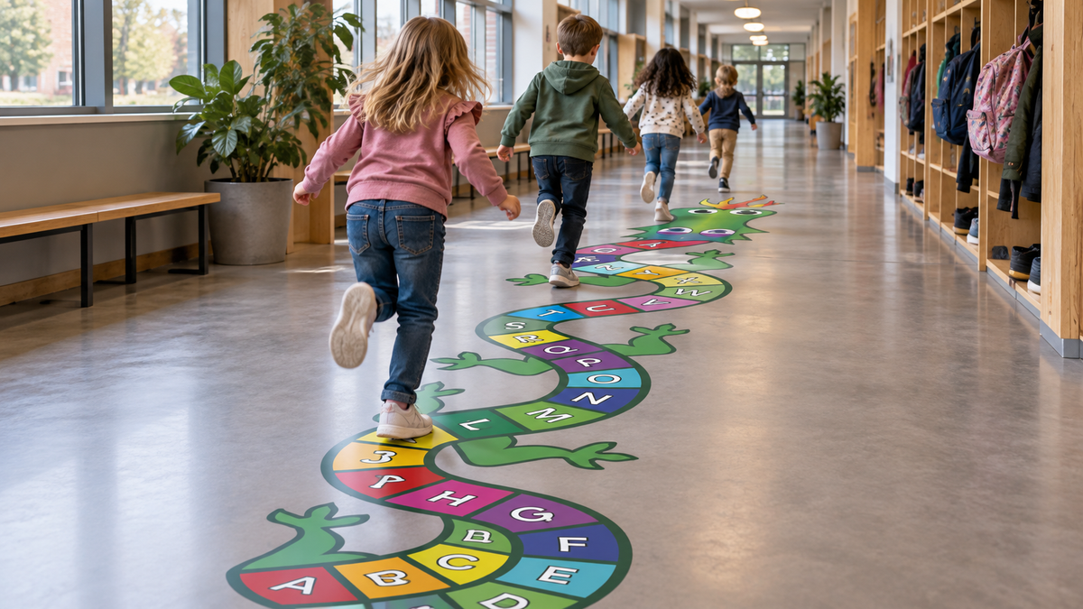 Drageparadis alfabet på gulvet i skole eller barnehage – bokstavlek og bevegelse
