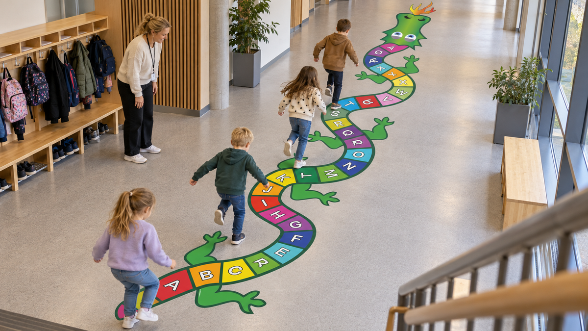 Barn leker med Drageparadis alfabet – gulvdekor fra Skoledekor