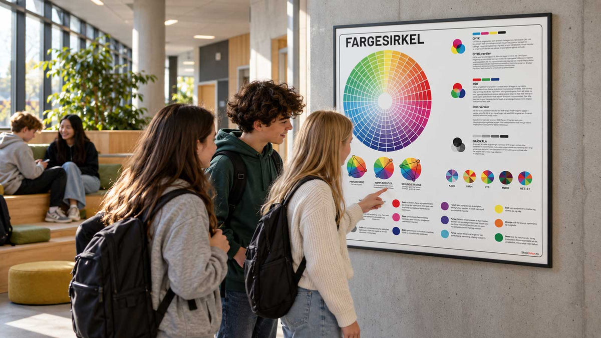 Fargesirkel med primær-, sekundær- og komplementærfarger på vegg