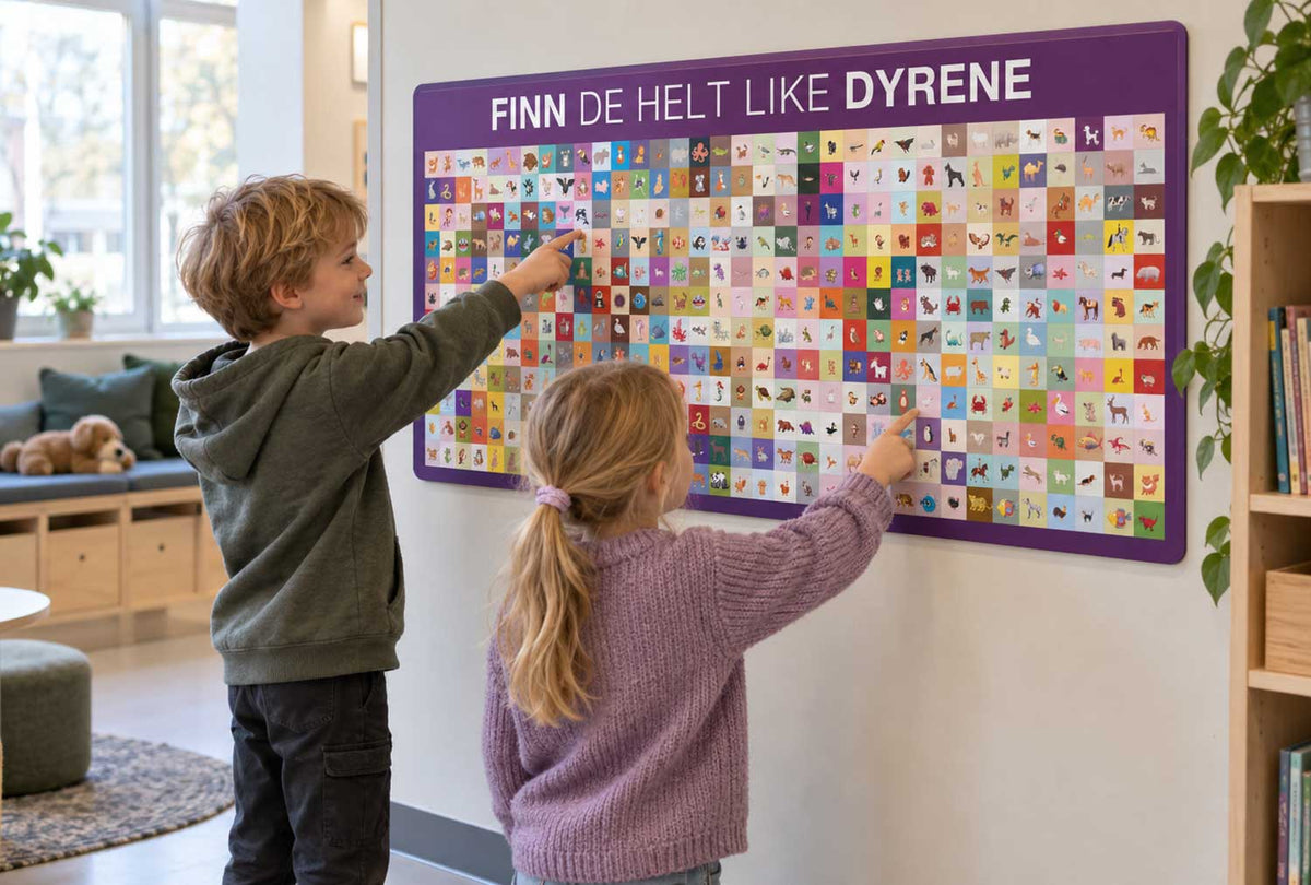 Nærbilde av Finn like dyr-gulvfolie med fargerike dyremotiver