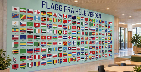 Flaggvegg med flagg fra ulike land som veggdekor på skole