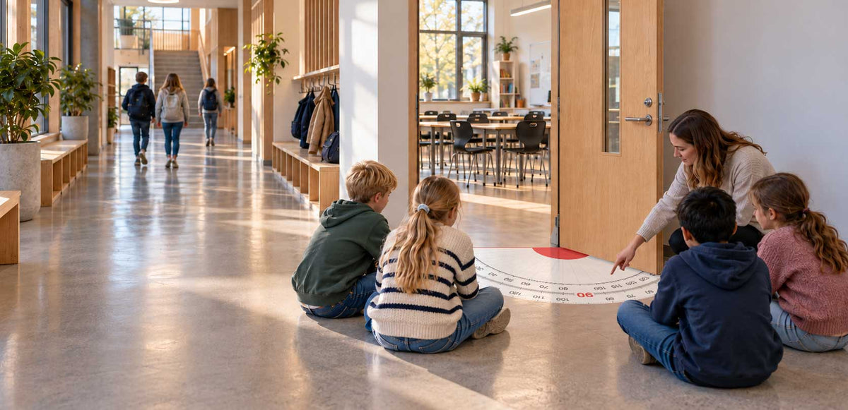 Halvsirkel-gradskive med to skalaer på gulvet i skolen
