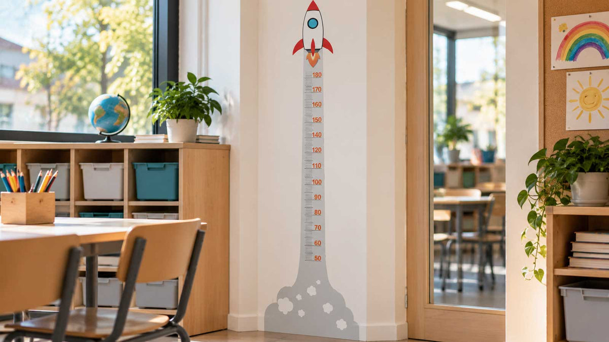 Høydemåler med rakettmotiv og centimeterskala på vegg