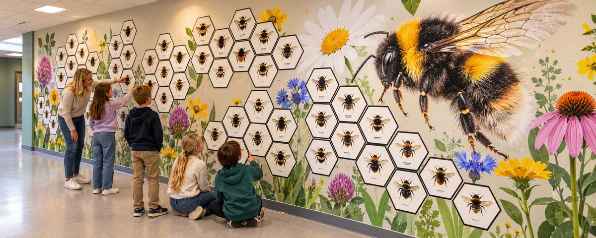 Bred humlevegg med blomstereng og humler – naturfagsdekor som gjør pollinering synlig for elevene