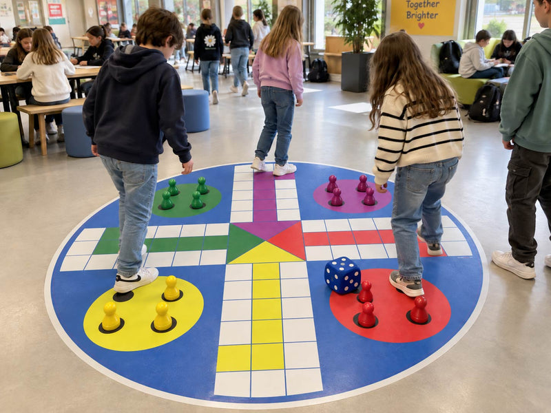 Ludo gulvfolie i storformat på skolegulvet – klassisk brettspill der elevene selv er brikkene i aktiv lek