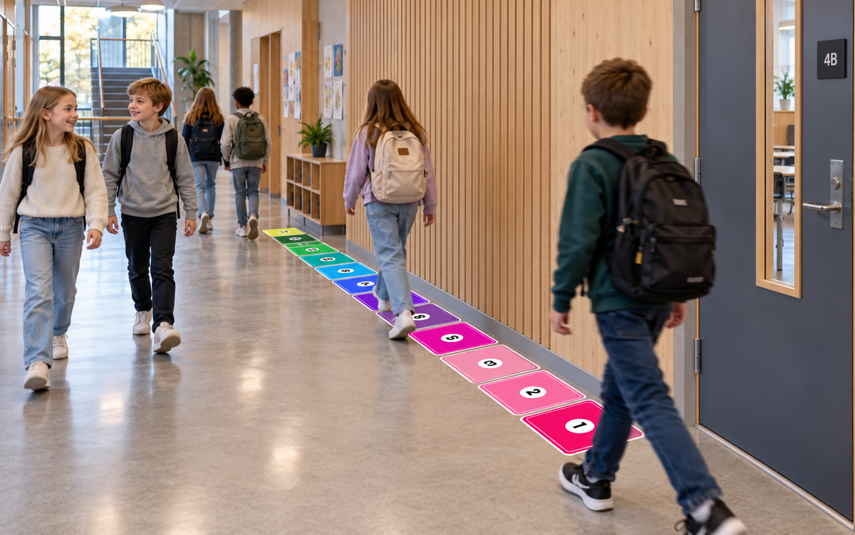 Elever stiller seg opp på fargede oppstillingsfelt i skolekorridoren