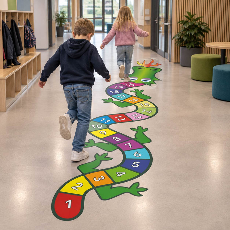 Tall drage paradis – fargerik gulvfolie med drage som kombinerer paradislek med tallene fra 1 til 20
