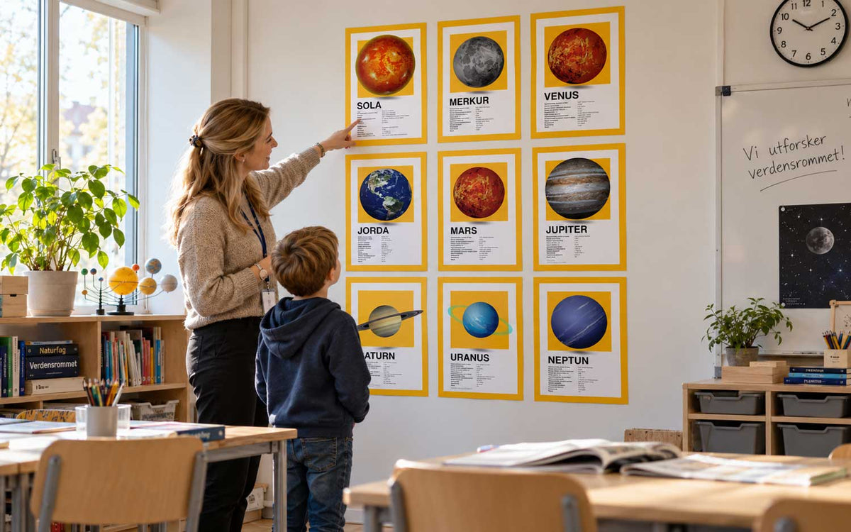 Planet-infoplakater – fakta om planetene i solsystemet som plakater elevene kan sammenligne