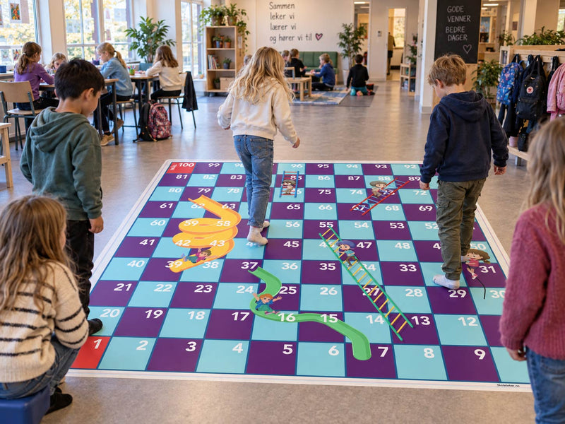 Stigespill på gulv – stort brettspill i gulvfolie der elevene teller, hopper og beveger seg mellom rutene