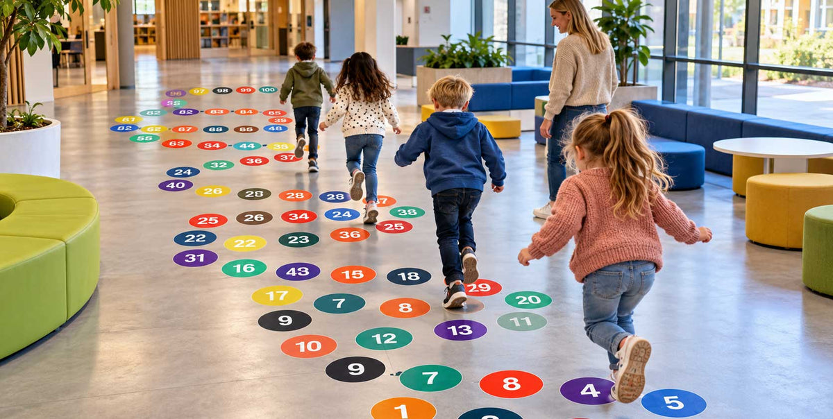 Tallsirkler 1–100 – fargerike tallsirkler på gulvet i skolekorridoren