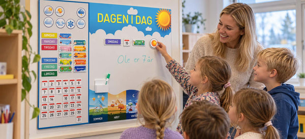 Dagen i dag whiteboard – fargerik magnetisk kalendertavle med ukedager, dato, måned og vær i barnehage