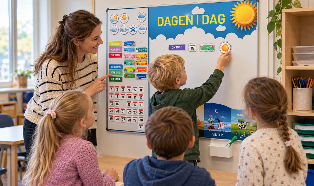 Samlingsstund med Dagen i dag whiteboard – barna finner dagens dato og setter opp været