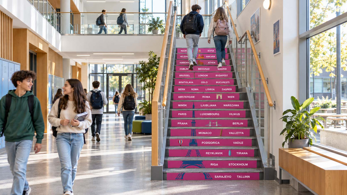 Trapp skole med tema Geografi, land i verden