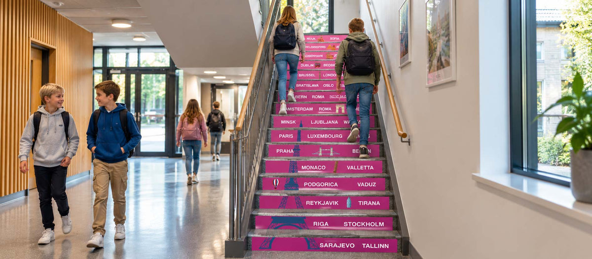 Trapp Geografi – land, hovedsteder og verdensdeler på skolens trapp
