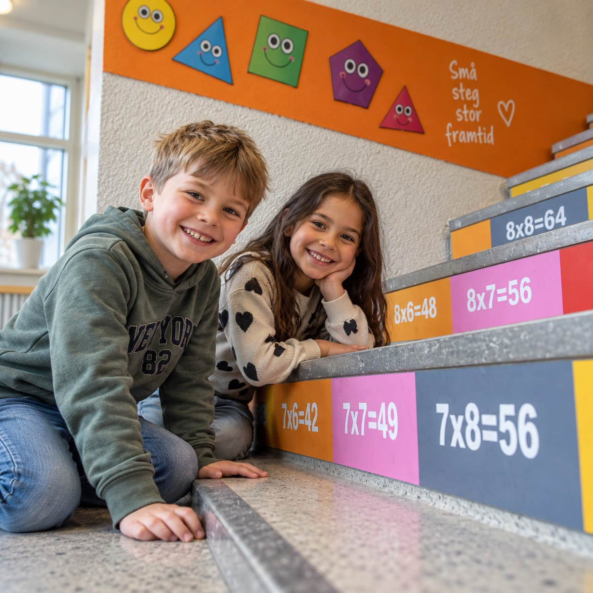 Trappedekor med gangetabellen på trinnene – elevene repeterer matematikk hver gang de går i trappen