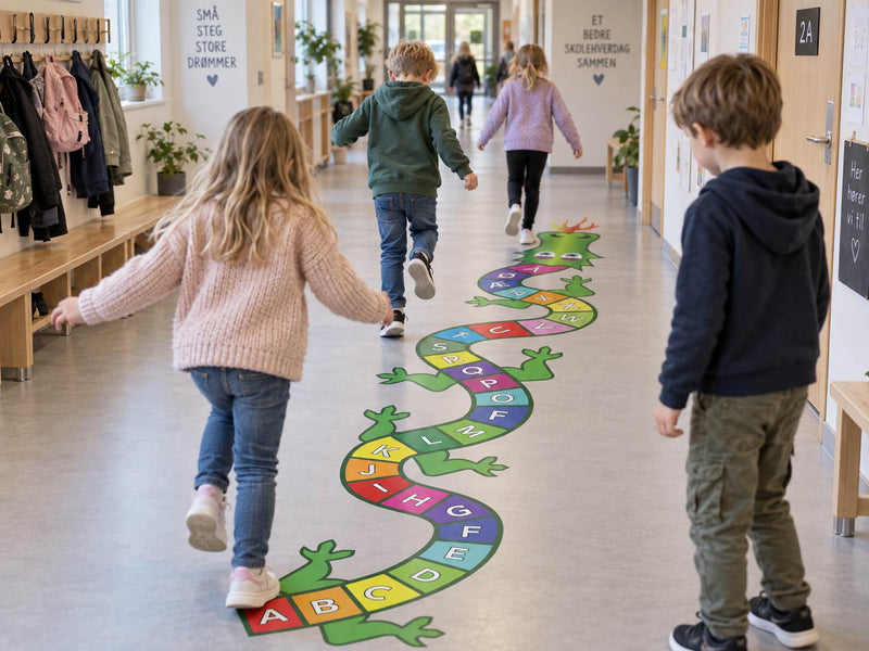 Alfabetdrage – fargerik gulvfolie med bokstaver langs en drage, der barn lærer alfabetet gjennom lek og hopp