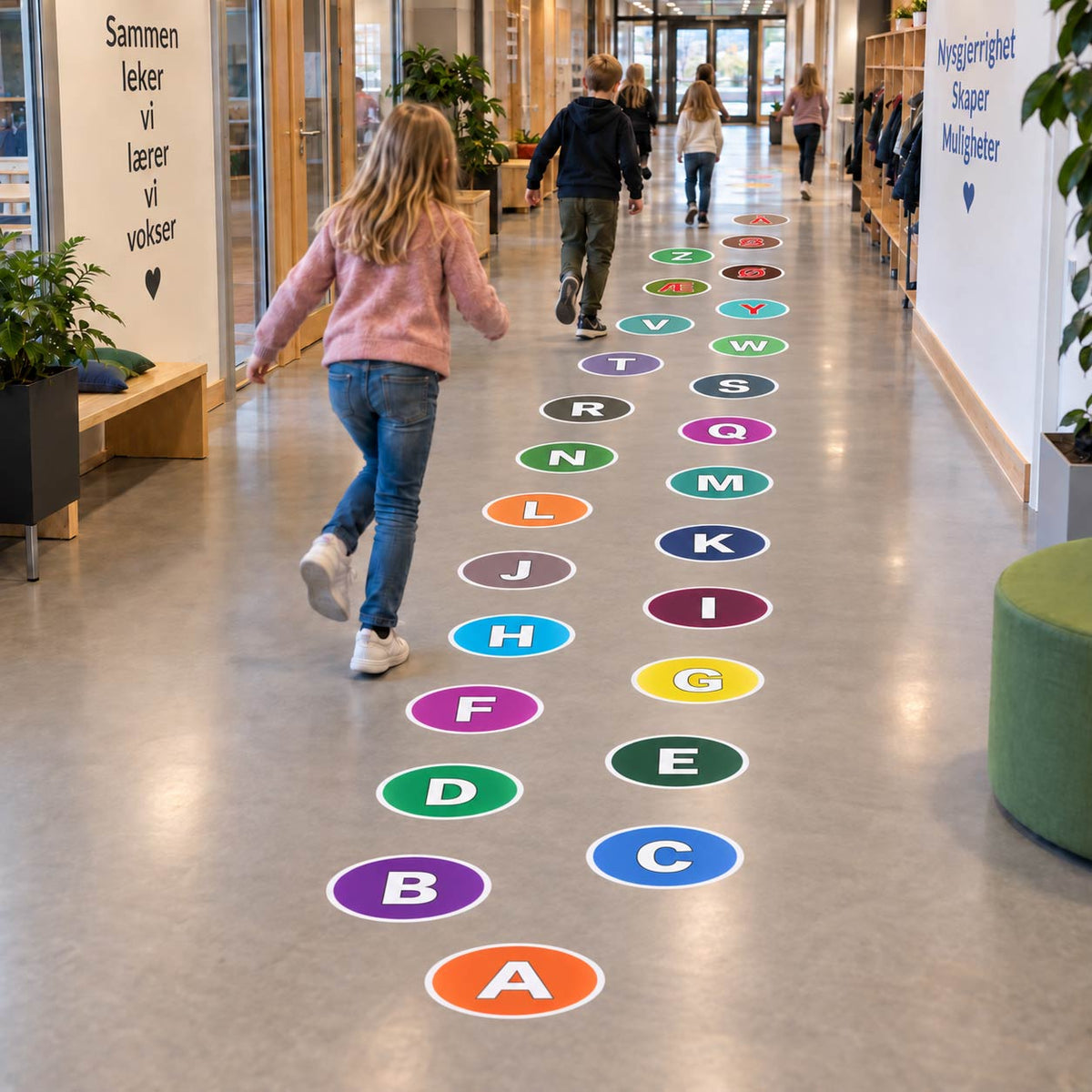 Alfabetsirkler på gulvet – fargerike sirkler med bokstaver for paradislek og bokstavlæring i skolen