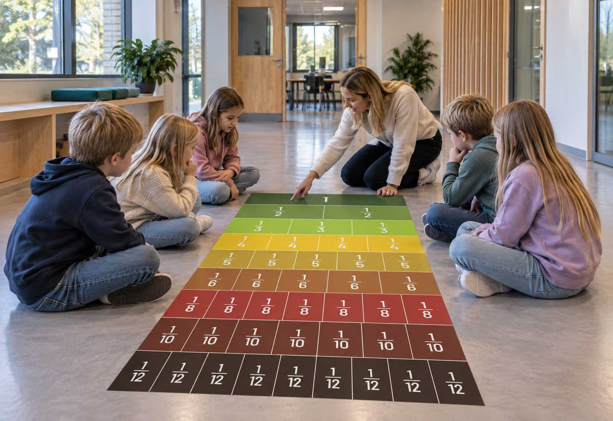 Nærbilde av brøkfelt-gulvfolie med inndelte brøkdeler