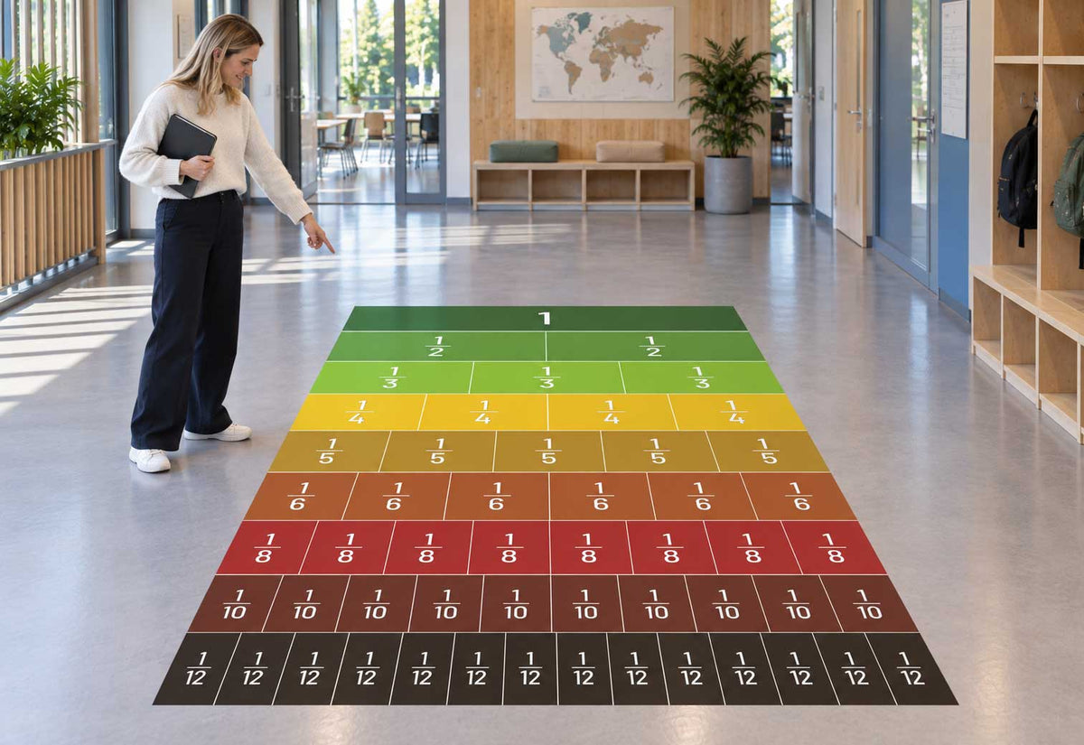 Brøkfelt-gulvfolie montert på skolegulvet – felt for visualisering av brøker
