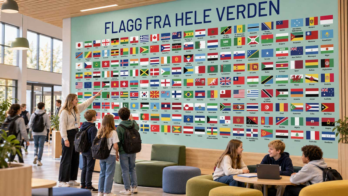 Flaggdekor på vegg som synliggjør kulturelt mangfold
