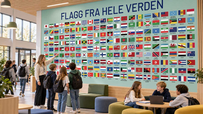 Flaggdekor på vegg som synliggjør kulturelt mangfold