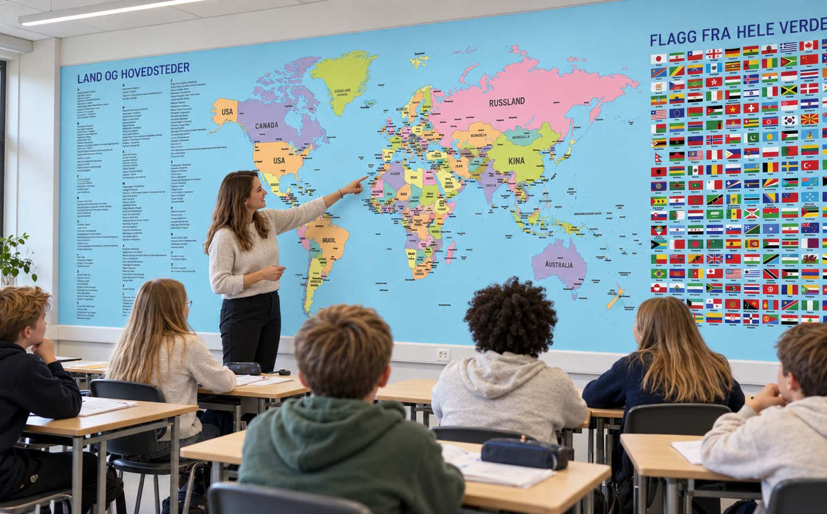 Lærer underviser foran verdenskartet på Geografi vegg mens elevene sitter ved pultene og følger med i klasserommet
