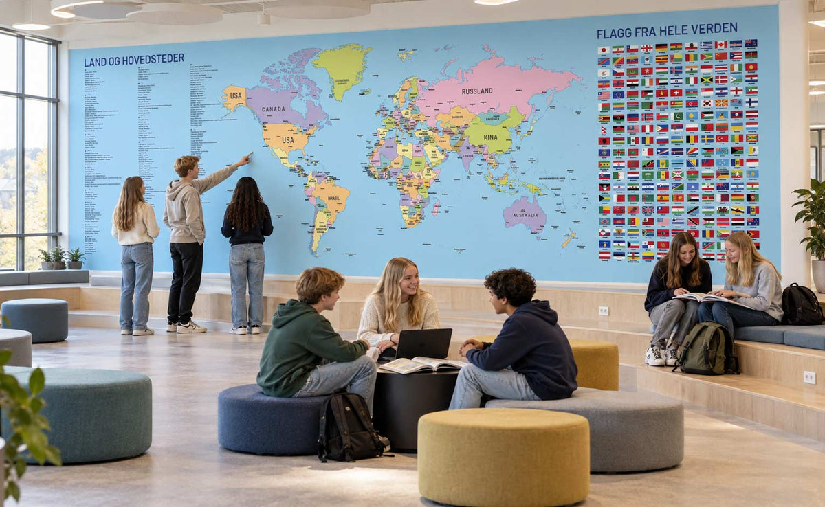 Geografi vegg i skolens fellesareal – verdenskart og flagg over hele veggen bak sittegrupper der elevene samles
