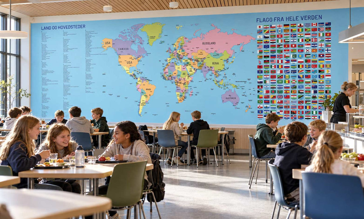 Elever i arbeid ved bordene med Geografi vegg bak seg – 9 meter med verdenskart og flagg fra hele verden