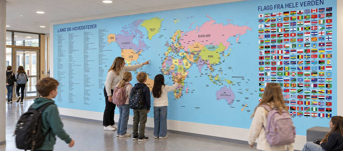Geografi vegg 9 meter: stort verdenskart med fargede verdensdeler og flagg fra mange land over hele skoleveggen