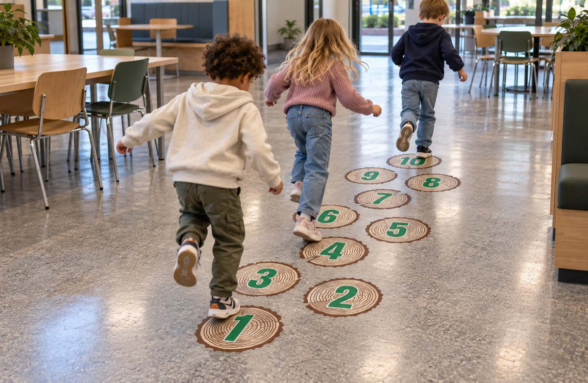 Elever teller og hopper fra stokk til stokk på hoppestokkene