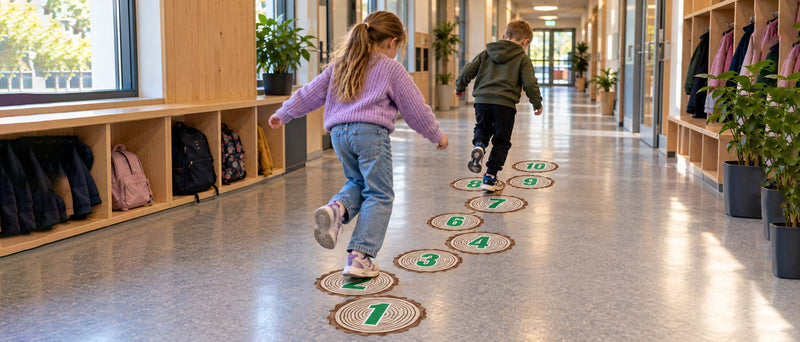 Hoppestokker 1–10 – trestokker med grønne tall som hoppebane på skolegulvet
