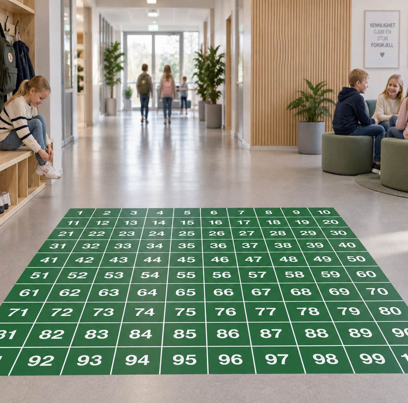 Hundretabell som gulvfolie i skolen – tallene fra 1 til 100 i stort format for mønstre og tallrekker