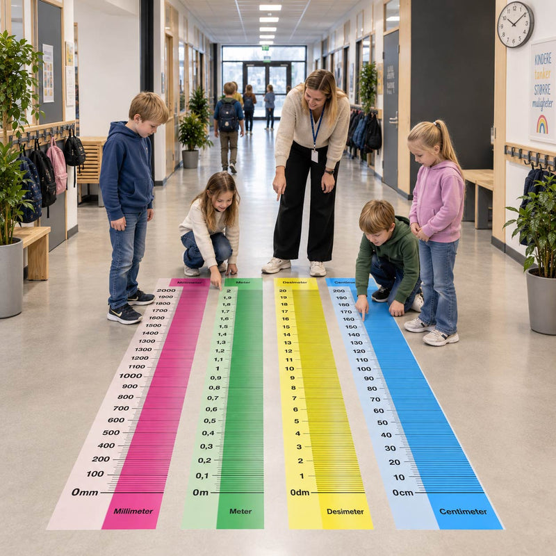 Målestaver som gulvfolie – lengdemål i stort format der elevene måler og sammenligner på gulvet