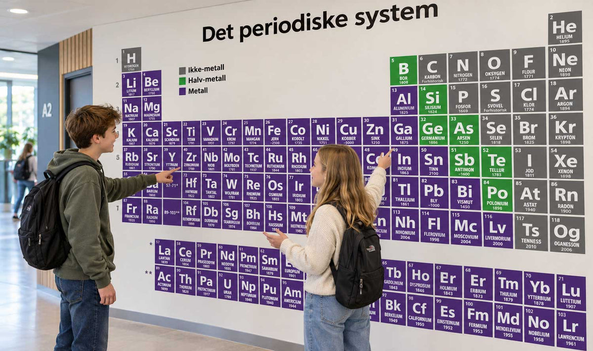 Forenklet periodisk system på vegg for naturfag