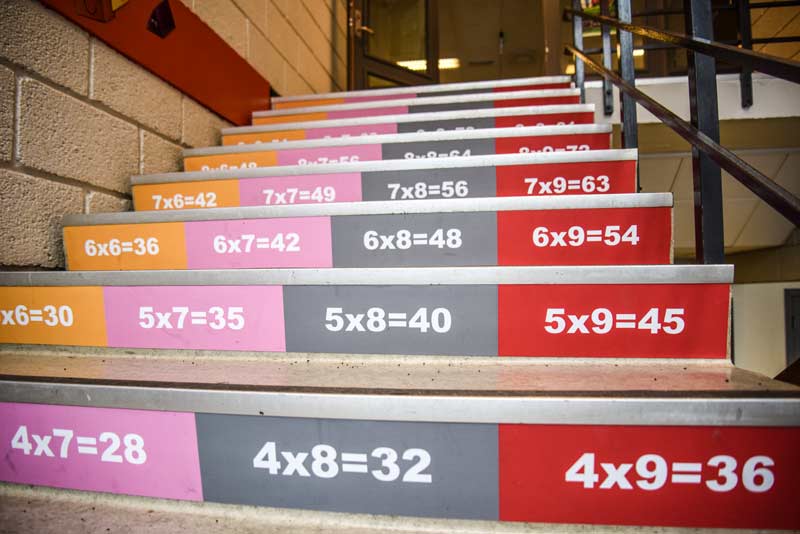Gangetabellen på trappetrinn i skole