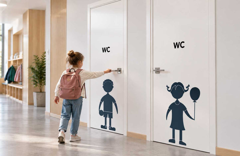 Toalettdør merket med store, lettleste WC-symboler som hjelper barn å finne toalettet helt selv